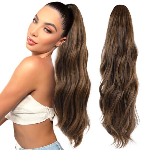Meepo 20 inch Ponytail Extensions Drawstring Claw - Clip in Ponytail hair extension Curly Drawstring Ponytail Light Chestnut Brown Curly Wavy body pony tail hair extainson Claw Synthetic Hairpiece
