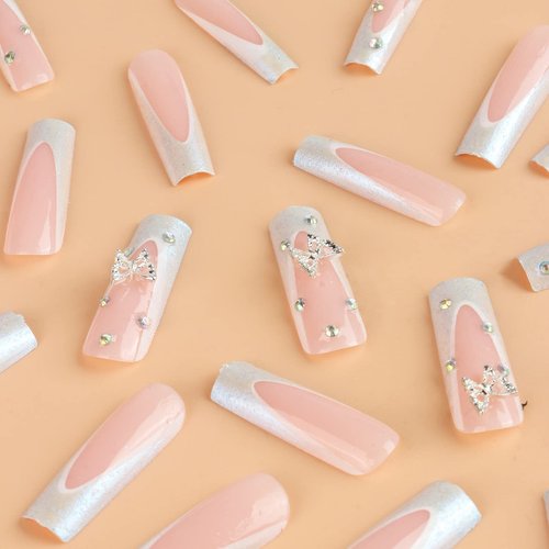 24pcs Long Square Fake Nails French Tip Press on Nails 3D Metal Butterfly Glue on Nails Glossy Rhinestone Acrylic Nails Pink White False Nails Long for Women Manicure Decorations
