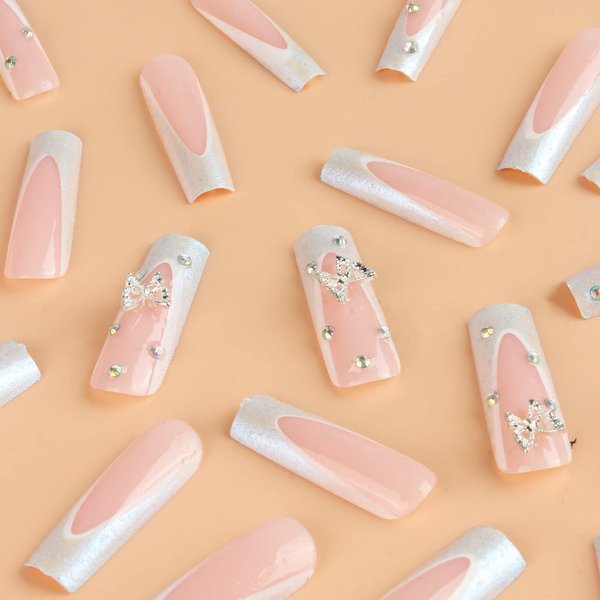 24pcs Long Square Fake Nails French Tip Press on Nails 3D Metal Butterfly Glue on Nails Glossy Rhinestone Acrylic Nails Pink White False Nails Long for Women Manicure Decorations