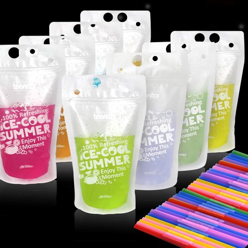 Teenitor 100 Drink Pouches Bags with 100 Disposable Plastic Straws, Smoothies Protein Shakes Juices Stand up Container Non-Toxic16oz