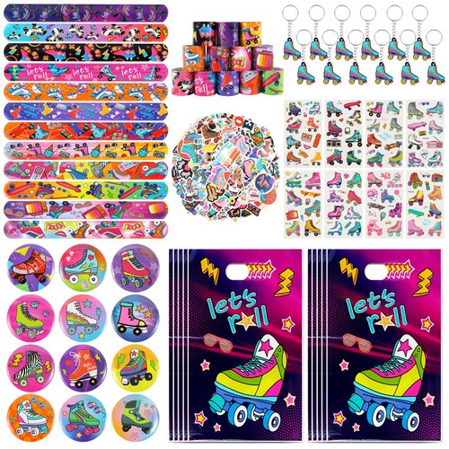 220 Pieces Roller Skate Party Favors Supplies Set Bulk Slap Bracelets, Stickers, Key Chains, Pin Badges,Temporary Tattoos and Goodie Bag Fillers for Retro 1980s Hip Hop Party (Roller Skate)