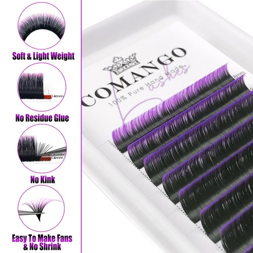 Purple Ombre Colored Lash Extension 0.07 D Curl 8-14mm Mix Tray, CoMango Black Gradient Purple Easy Fan Volume Eyelash Extensions, Lashes Soft Matte Salon Use, Self Fanning Volume Lashes！