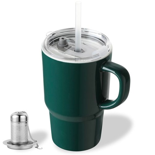 Sweejar Ceramic Travel Mug with Lid, 16 oz Portable Coffee Mug, Microwave and Dishwasher Safe Tea Infuser Cup with Strainers, Reusable Cup for Car Cup Holder, Christmas Women Tea Lovers Gifts (Jade)
