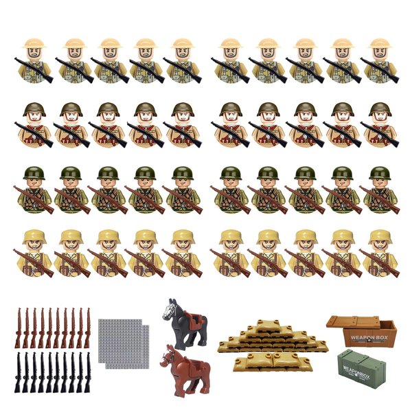 LEERFEI 106Pcs WW2 Army Figures Building Set,Military Action Figure, Including war Horses,Toy Soldiers Minifigure and Weapons,for Kids to Build a World War 2 Scene