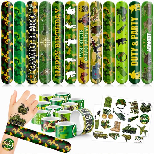 Cherisnowy 48 Military 24PCS MilitaryTemporary Tattoos Sticker 24PCS Slap Bracelets Perfect for Themed Birthday Party Favors Baby Showers or Classroom Rewards Ideal Decor and Gifts for Girls and Boys