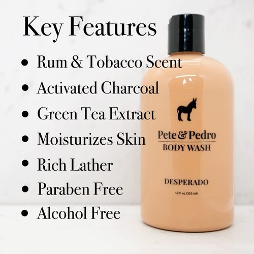 Pete & Pedro DESPERADO BODY WASH For Men - Rum & Tobacco Scented Moisturizing Men's Shower Bodywash | Has Activated Charcoal & Helps With Dry Skin | As Seen on Shark Tank, 12 oz.