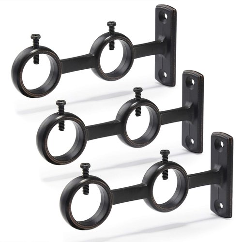Goowin Curtain Rod Bracket, 3 pcs Double Curtain Rod Holder, Double Rod Brackets Hooks for Living Room Bedroom Curtain rods, Drapery Rods (Black)