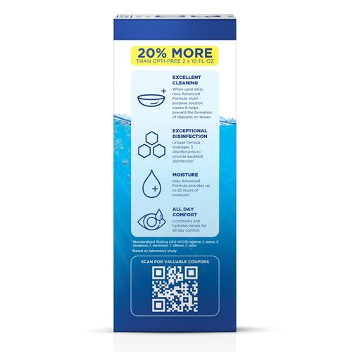 Renu Contact Lens Solution Advanced Formula Multipurpose Lens Cleaner for Eye Contacts, Cleaning, Moisturizing and Disinfecting Care for Soft & Silicon Hydrogel Lenses, 12 Fl Oz (Pack of 2)