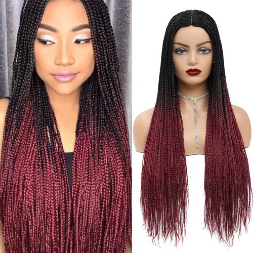 ROSEBONY Braided Wigs Long Box Braids Wig for Women 28 Inch Micro Box Braids Fake Scalp Wig Synthetic Black Wigs CY (1b/burg)