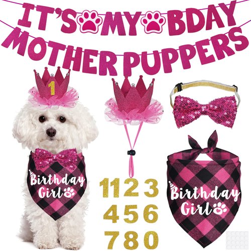 JOTFA Dog Birthday Decorations, Multi Sizes Dog Birthday Bandana Girl Dog Birthday Hat Crown Bow Tie Birthday Numbers It’s My Bday Mother Puppers Sign Banner for Small Dogs Pets (Pink, Small)