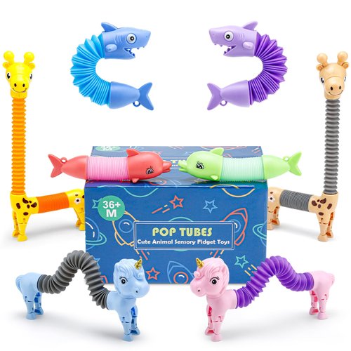 8 Pack Animal Pop Tubes, Fidget Toys for Sensory Play, Party Favors for Kids, Goodie Bag Stuffers Treasure Box Classroom Prizes Gifts, Birthday Gifts for Kids 3 4 5 6 7 8