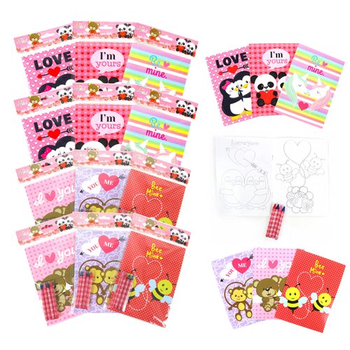 TINYMILLS Valentine's Day Coloring Book and Crayon Set for Kids Party Favors with 12 Coloring Books and 48 Crayons for Valentine's Day Party Goody Bag Stuffers for Kids Carnival Prizes Classroom Gift