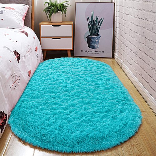 junovo Oval Fluffy Ultra Soft Area Rugs for Bedroom Plush Shaggy Carpet for Kids Room Bedside Nursery Mats, 2.6 x 5.3ft, Teal Blue