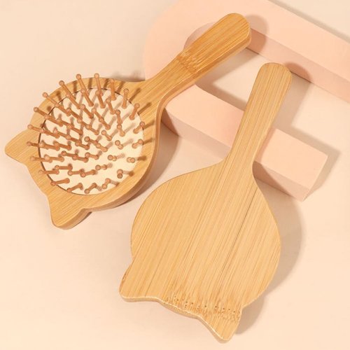 Beavorty Hair Brush, Natural Bamboo Comb Paddle Detangling Hairbrush, for Women & Teen Girls, Massaging Detangler, Healthy Shine, Any Hair Types, Small Travel Size, Cat Shape