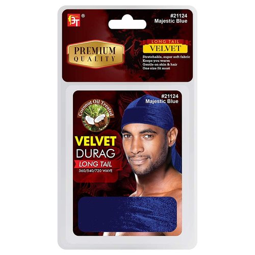 Durag - Velvet Long Tail 360/540/720 Wave - Premium Soft Quality Fabric, Coconut Oil Treated Stretchable Headwraps, Headtie, Headwear for Men and Women (Royal Blue - 1 Pack)
