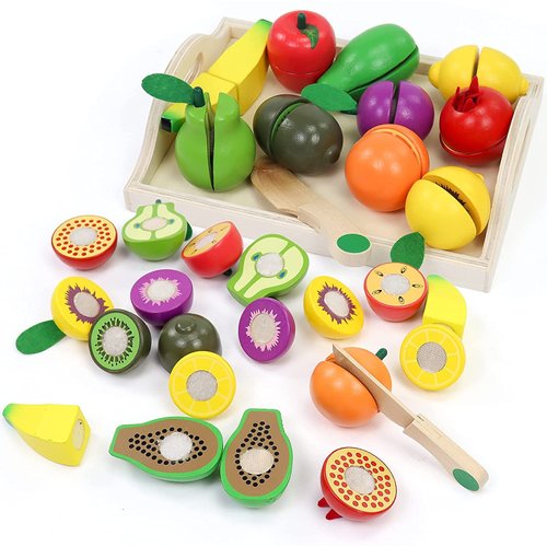 Fajiabao Wooden Play Food Sets Toddler Toys 2-3 Montessori Toys for 2 3 4 Year Old Play Kitchen Accessories Kids Cutting Board Pretend Play Fake Fruit Girls Boys Educational Christmas Birthday Gifts