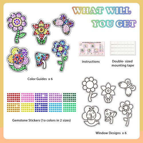 atydkug Window Suncatcher Gemstone Sticker Craft Kits for Kids - Diamond 6 Sheets Flowers Gem Art Painting Kits by Numbers for Girl, Birthday Party Supplies Gifts for 6 7 8 9 10 11 12 Year Old