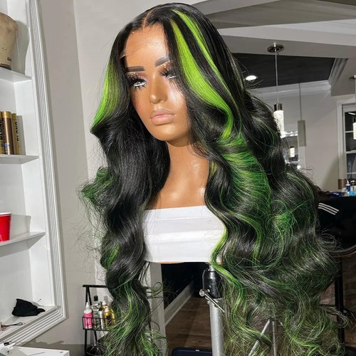 ANDRIA Green Skunk Stripe Colorful Lace Front Wigs Long Body Wave Glueless Natural Wave Glueless lace Wig Synthetic Heat Resistant Fiber Hair Wig Pre Plucked With Baby Hair For Women 24 Inch