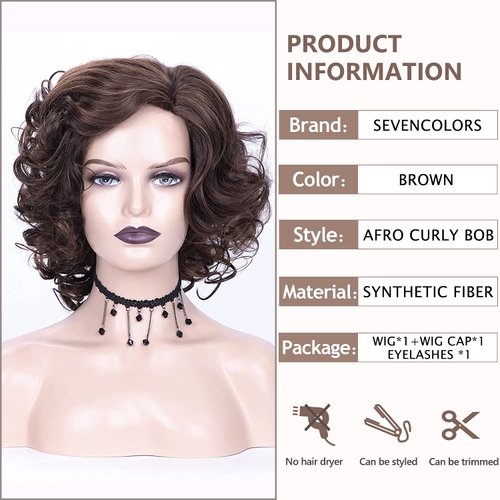 SEVENCOLORS Short Brown Curly Wigs for Black Women Mixed Brown Big Curly Bob Synthetic Wig