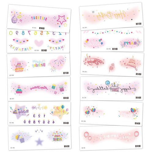 Fssqii 12 Sheets Birthday Face Temporary Tattoos for Children Girls Cute Pink Freckle Waterproof Birthday Eye Makeup Fake Tattoo Stickers Kids Women Gifts for Birthday Party Decoration Favors Supplies