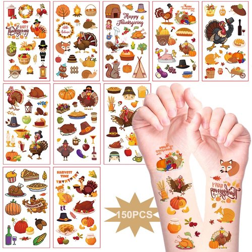 Fall Temporary Tattoos for Kids Women, 10Sheets Turkey Fake Tattoos Autumn Thanksgiving Day Party Decorations Cute Turkey Pumpkin Roast Chicken Corn Scarecrow Waterproof Tattoos Stickers Supplies