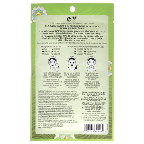 Pacifica Face Mask - Super Green Detox Kale & Charcoal Detox Facial Sheet Mask - 0.67 oz Mask
