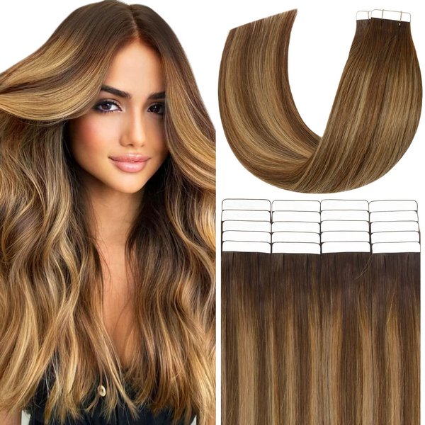 Anrosa 20pcs 50g Tape in Hair Extensions Ombre Chocolate Brown to Caramel Blonde Remy Human Hair Extensions Balayage Seamless Straight Real Hair Extensions Tape in Natural Hair 18 Inch