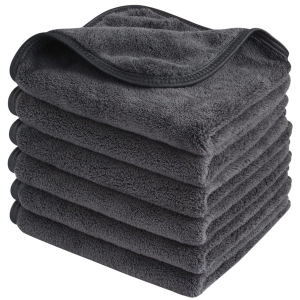 SINLAND Microfiber Face Cloths Reusable Makeup Remover Washcloths Super Soft and Absorbent Fingertip Face Towels for Sensitive Skin Women 12 x 12 Inch 6 Pack Grey