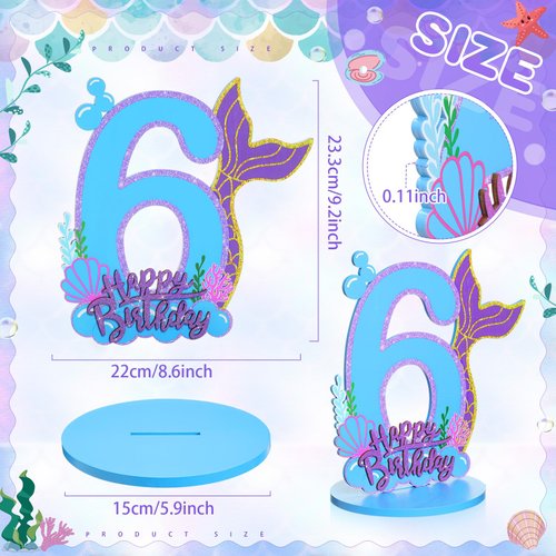 Wonderjune Mermaid Birthday Number Sign Centerpiece for Girls Wooden Mermaid Party Number Table Sign Decoration Mermaid Party Supplies for Birthday Anniversary(Number 6)