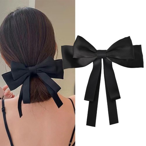 Hair Bow Clips for Women Black Ribbon Barrette for Girls Hair Accessories for Thick Thin Hair Ribbons for Little Girls Long Tassel Hair Clip for Girl Non Slip Hair Barrettes for Ponytails with Ribbons
