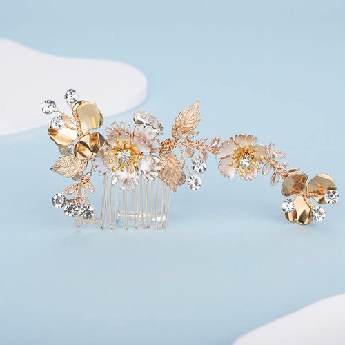 Chargances Hair Comb, Gold, 5in*2.5in, Rhinestone, Crystal, Handmade, for Bridal, Bridesmaids or Flower Girls in the Wedding, Festivals, Photography, Seaside Beach, and DIY Guarantee