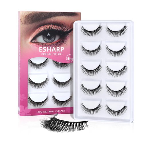 ESHARP Fake Eyelashes Natural Volume Mink Lashes 11mm Fluffy Wispy Strip Lashes 100% Handmade Soft Comfortable 5 Pairs Lashes Pack