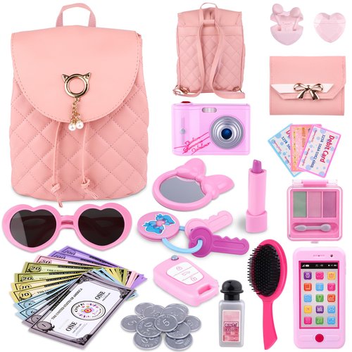 Gifts2U Backpack Purse Play Set, Backpack Purse Toys for Ages 3 4 5 6, My First Purse Toy with Camera, Earphone, Smartphone, Makeup Set, Sunglasses, Wallet, Car Keys, Credit Cards and Play Money