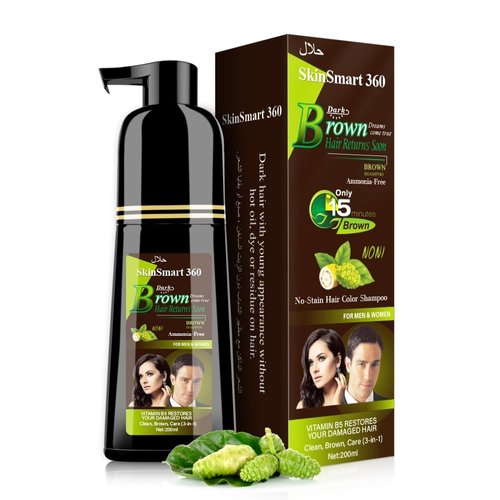 No-Stain Hair Dye Shampoo for Men & Women, No-Stain on Skin & Scalp, Natural Ingredients, Ammonia & Parabens-Free, Up to 100% Gray Coverage, Easy No-Mix Application, 200 mL, Pack of 1 (Dark Brown)