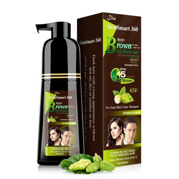 No-Stain Hair Dye Shampoo for Men & Women, No-Stain on Skin & Scalp, Natural Ingredients, Ammonia & Parabens-Free, Up to 100% Gray Coverage, Easy No-Mix Application, 200 mL, Pack of 1 (Dark Brown)