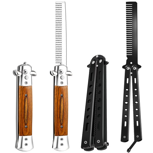 CHENGU Wood Grain Switchblade Comb, 1 Piece, Stainless Steel Folding Butterfly Training and Outdoor Practice Comb, Automatic Push Button, Manual Hair Comb for Men, Black (1 Count)