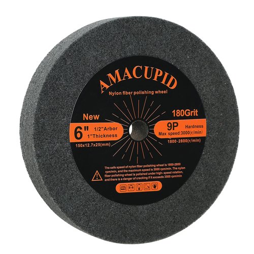 AmaCupid Deburring Wheel, Nylon Fibre Buffing Wheels, 6 inch 9P Hardness. for Bench Grinder Buffing Machine Polishing Stainless Steel, etc.. 180 Grit, 1/2 inch Arbor, 1 inch Thickness