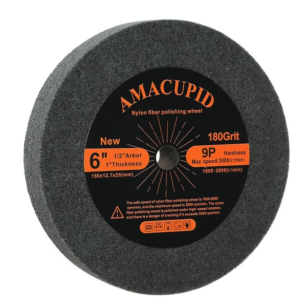 AmaCupid Deburring Wheel, Nylon Fibre Buffing Wheels, 6 inch 9P Hardness. for Bench Grinder Buffing Machine Polishing Stainless Steel, etc.. 180 Grit, 1/2 inch Arbor, 1 inch Thickness