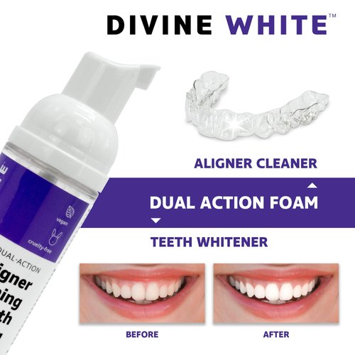 Divine White Dual-Action Stain Removal Aligner/retainer Cleaner and Teeth Whitening Foam- Hydrogen Peroxide-Good for Invisalign, ClearCorrect, SmileDirectClub, Candid -Oral Care-Toothpaste Replacement