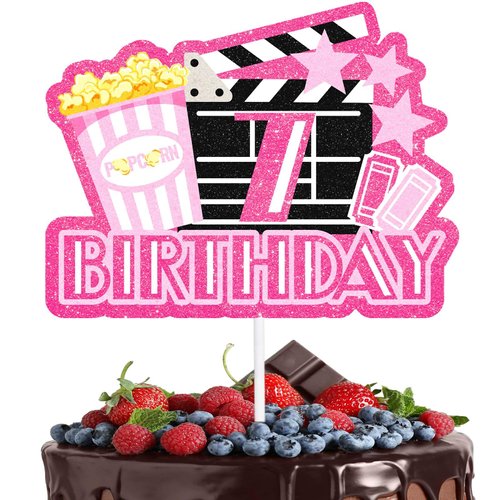 Movie Night Cake Topper Teen 7th Birthday Happy Popcorn Video Recorder Decoration, Cinema Party, Boy and Girl Birthday Party Decoration Supplies, Birthday Gifts for Kids. Pink. LIANGSS