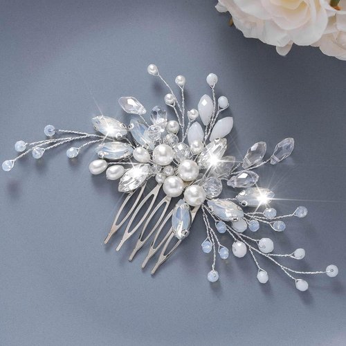 Latious Pearl Bride Wedding Hair Comb Silver Crystal Bridal Hair Piece Prom Hair Accessories for Women and Girls