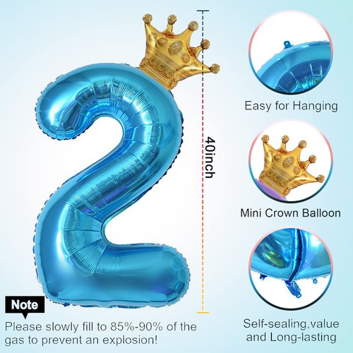 40 Inch Light Blue Number 2 and Mini Crown Balloon for 2nd Birthday Party Decorations, Light Blue Birthday Party Balloons Decorations Supplies