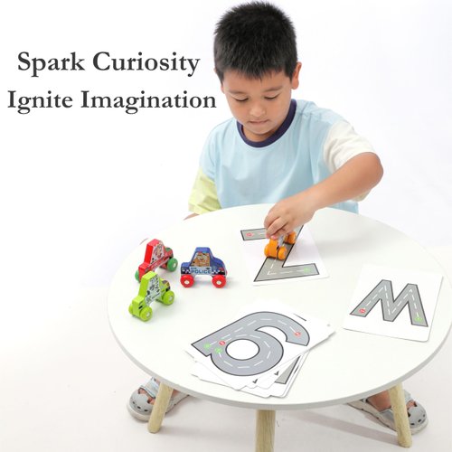 BEKILOLE Toddler Toys for 1 2 3 4 5 6 Year Old Boy and Girl Gifts Wooden Race 4 Wooden Cars with Alphabet Tracing Flash Cards,Set A (4 Cars + Alphabet Flashcards)