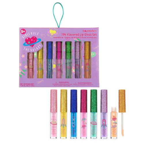 Expressions 7pc Girls Rule The Galaxy Lip Gloss Collection For Girls Teens & Women, Flavored Lip Gloss Glitter Lip Kit Party Favors