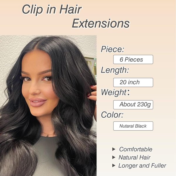 noxozoqm Clip in Hair Extensions 6 PCS Natural Soft Hair Blends Well Hair Extensions 20 Inch Natural Black Long Wavy Hairpieces for Women