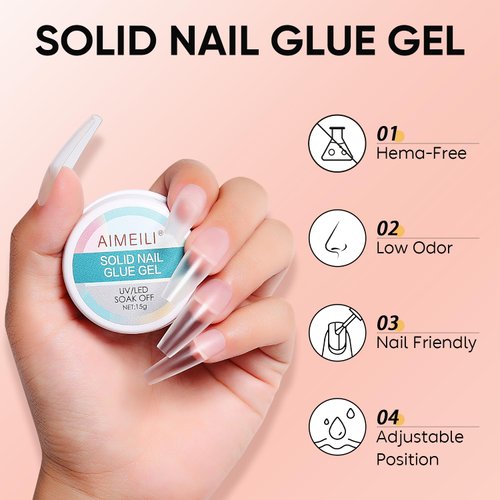 AIMEILI 2pcs Solid Nail Gel Glue for Soft Gel Nail Tips Acrylic Nail Tips Hema Free Solid Builder Nail Gel for Nail Strengthen Nail Art