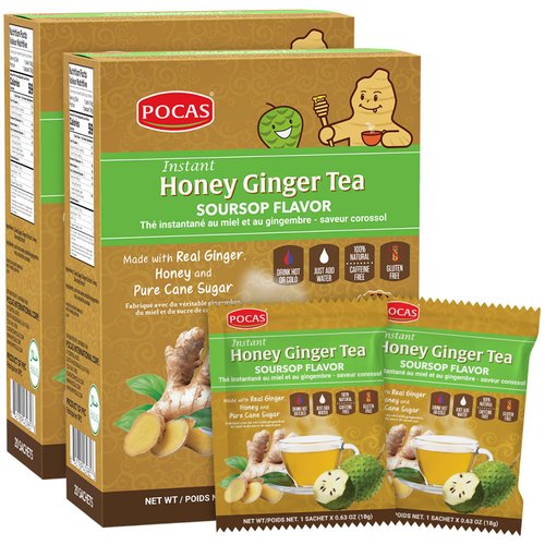 Pocas Honey Ginger Tea - Instant Tea Powder Packets with Soursop & Ginger Honey Crystals Tea, Non-GMO/Gluten Free/Caffeine Free Tea, 20 Count (Pack of 2)