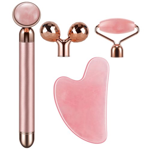 4-in-1 Face Massager and Gua Sha Set for Women, Rose Quartz Face Roller Skin Care Tools Electric Eye Massager Tool for Face Skin Roller