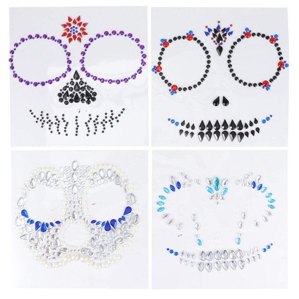 Lurrose Day of the Dead Skull Face Gems Jewels Tattoos, 4Pcs Rhinestone Halloween Jewels Tattoo Stickers for Halloween Festival Rave Party