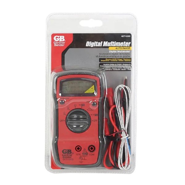 Gardner Bender GDT-3200 Digital Multimeter, 7 Funct., 7 Range, Tests AC/DC Volt, Resist, Diode, Continuity, Temp and Battery, Auto Ranging, Red With Black Rubber Boot